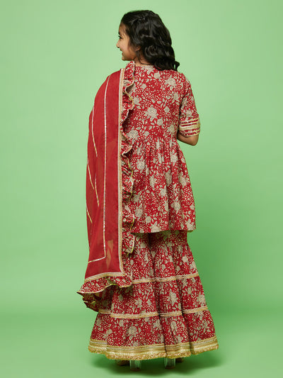 Red Floral Print Kurta Sharara With Dupatta