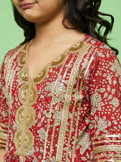 Red Floral Print Kurta Sharara With Dupatta