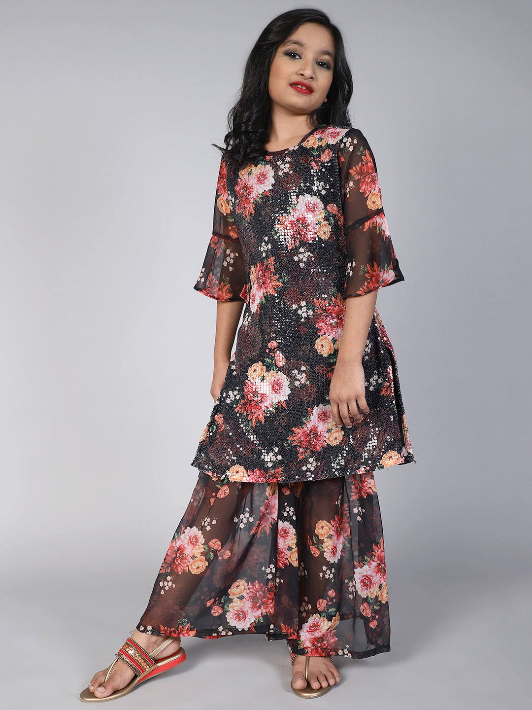 Black Sequin Floral Print Kurta With Sharara