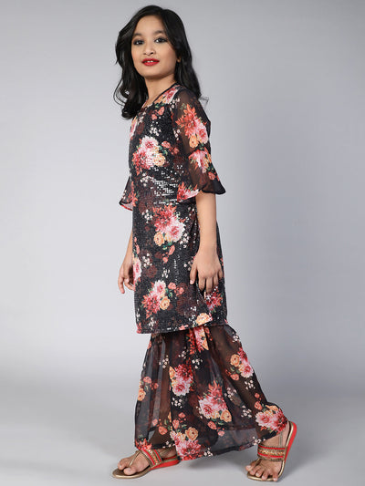 Black Sequin Floral Print Kurta With Sharara