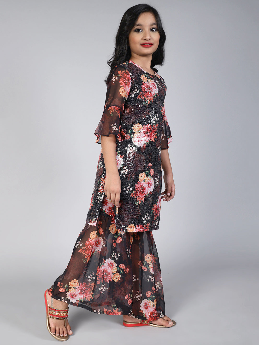 Black Sequin Floral Print Kurta With Sharara