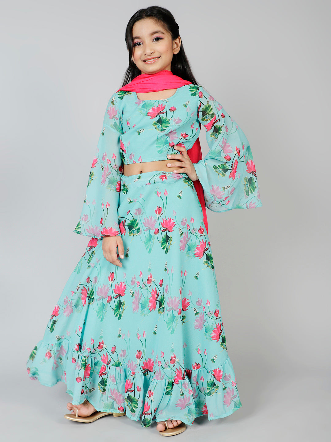 Blue Floral Print Lehenga Choli With Dupatta