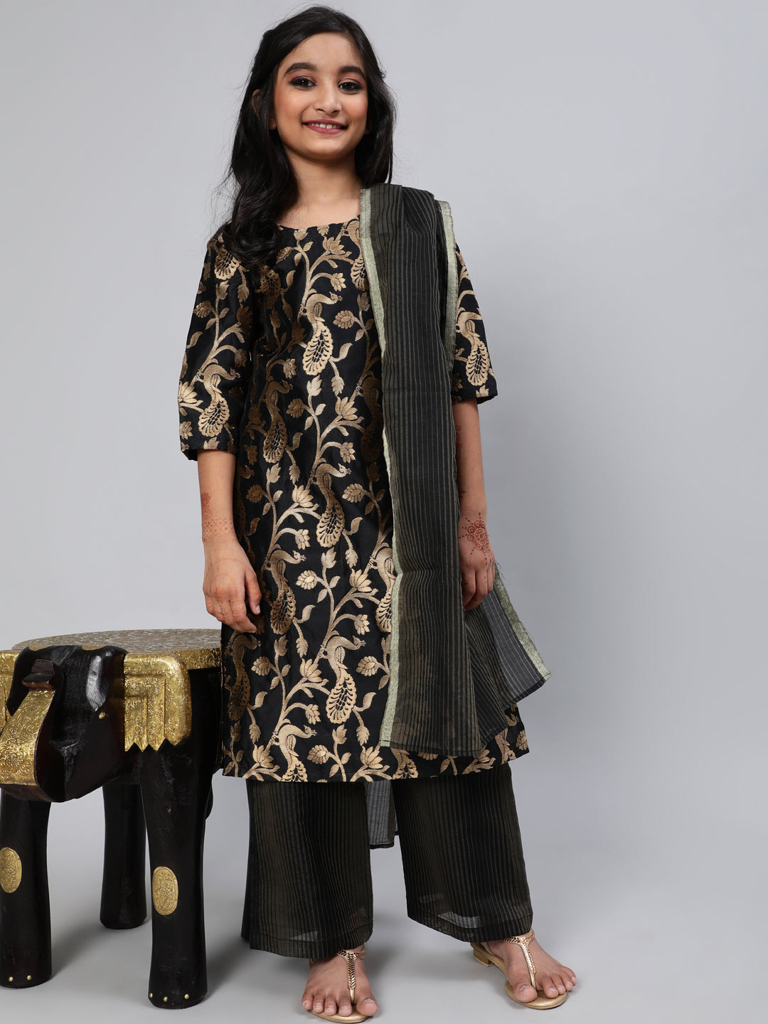 Blue Brocade Designed Kurta Palazzo With Dupatta