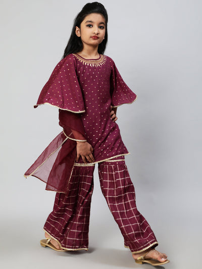 Burgundy Woven Designed Kurta Sharara With Dupatta