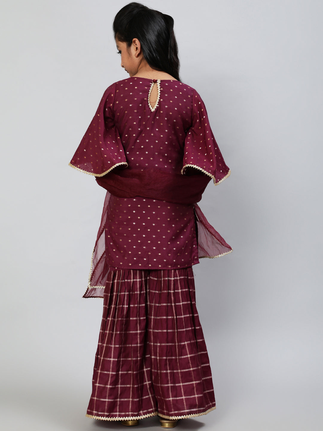 Burgundy Woven Designed Kurta Sharara With Dupatta