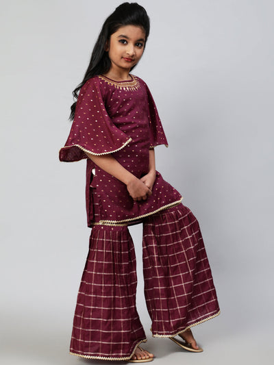 Burgundy Woven Designed Kurta Sharara With Dupatta