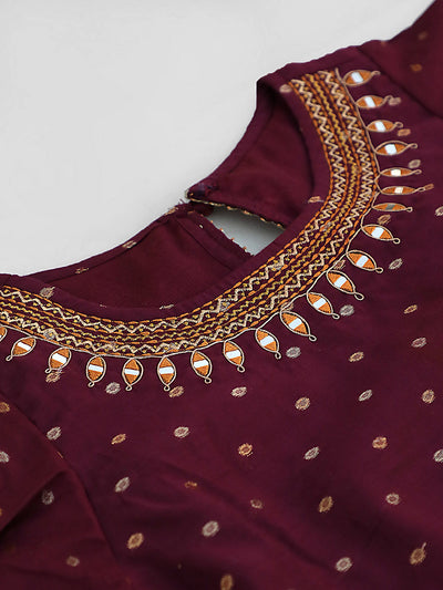 Burgundy Woven Designed Kurta Sharara With Dupatta