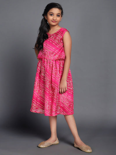 Pink Bandhani Print Layered Dress