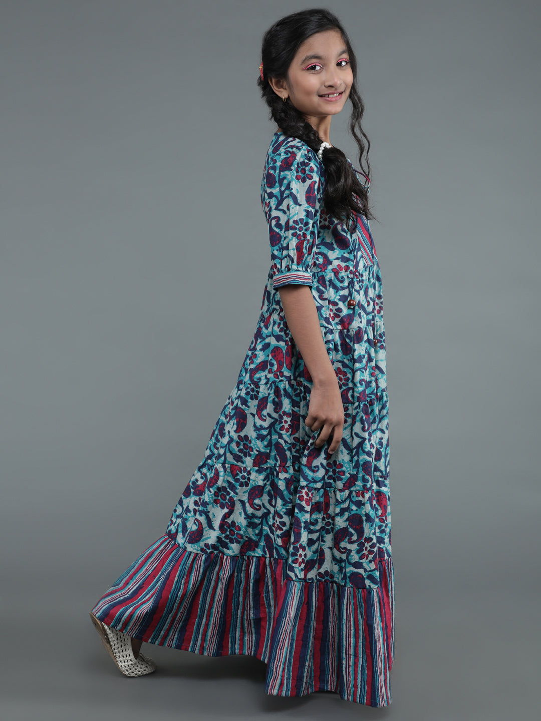 Blue Floral Print Tiered Maxi Dress