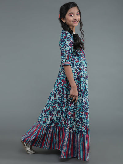 Blue Floral Print Tiered Maxi Dress