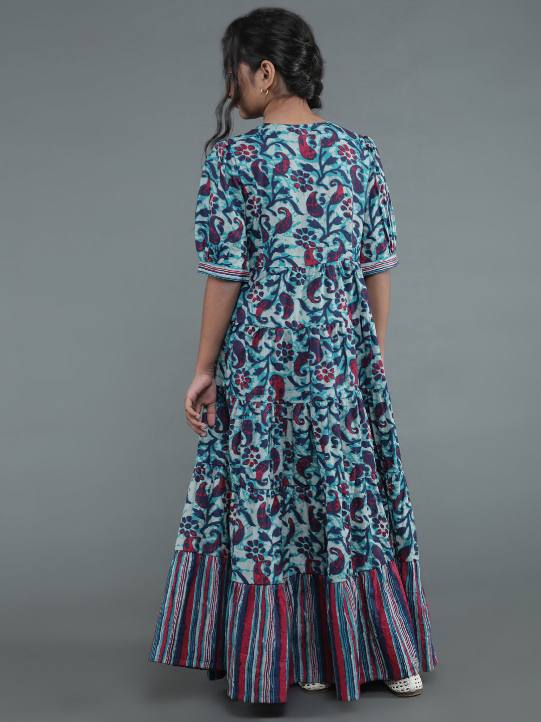 Blue Floral Print Tiered Maxi Dress