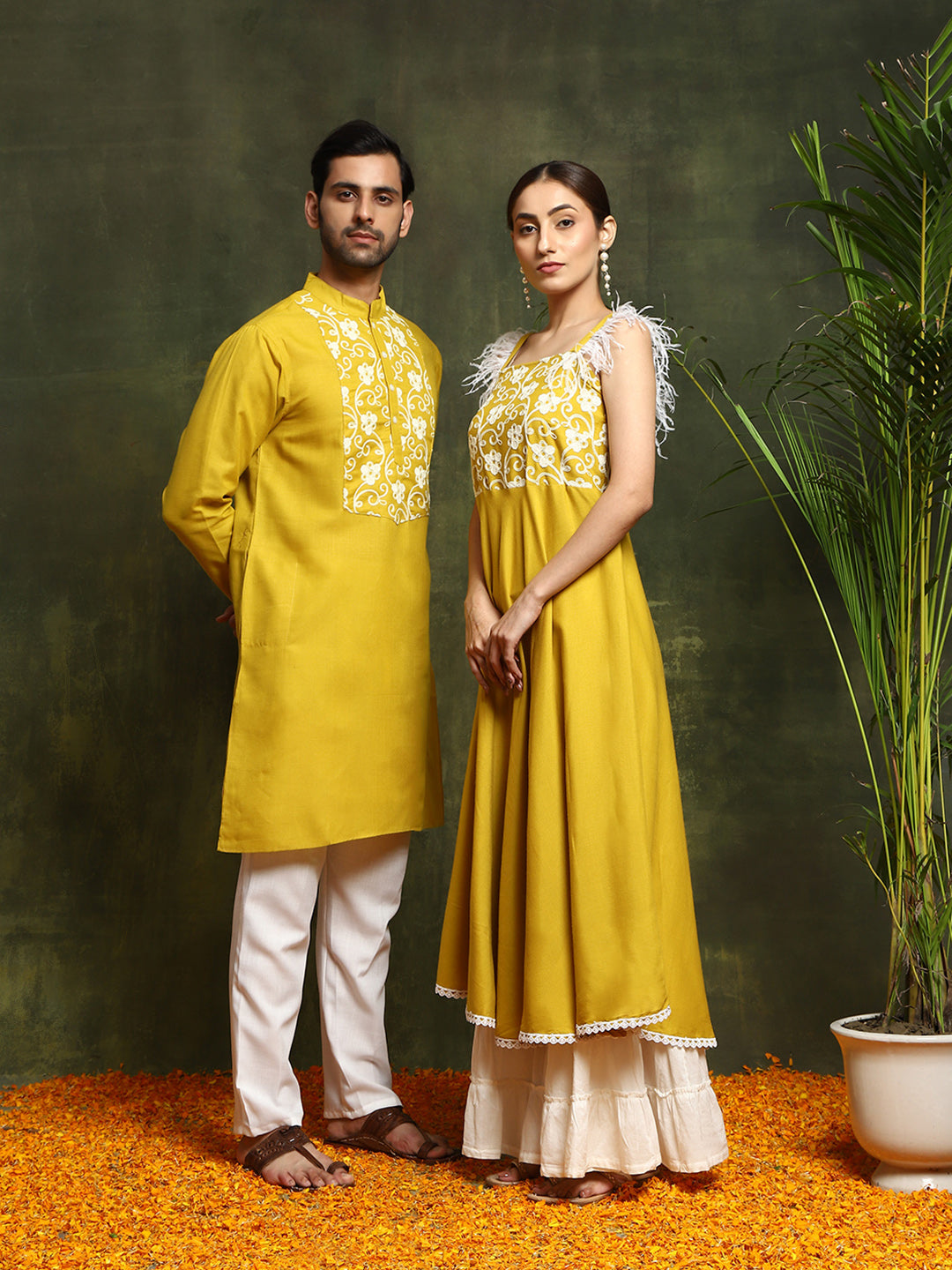 Couple Combo- Mustard Embroidered Couple Combo