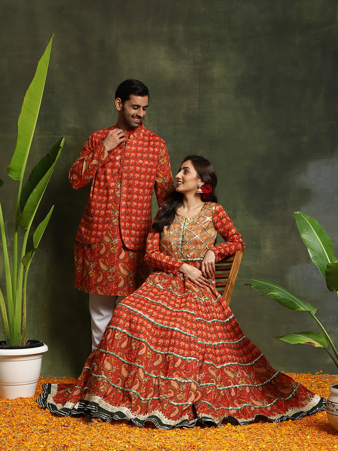 Red Floral Print Couple Combo Set