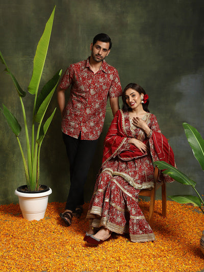 Maroon Floral Print Couple Combo Set