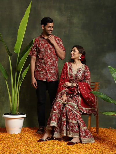 Maroon Floral Print Couple Combo Set