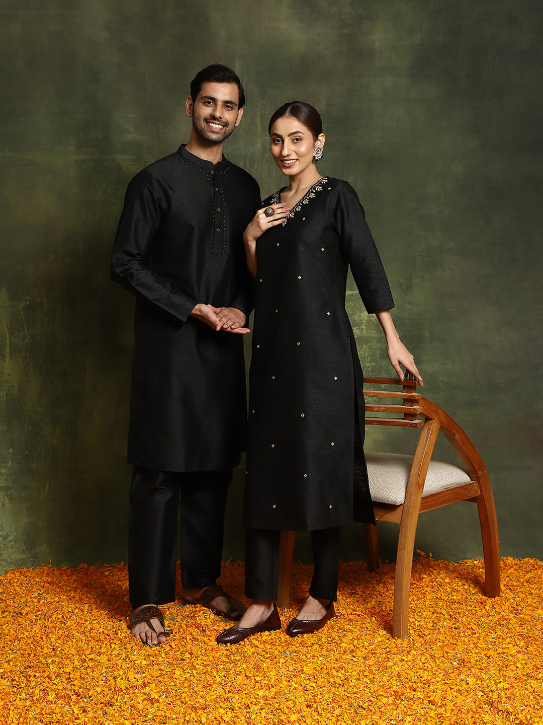 Black Embroidered Couple Combo Set