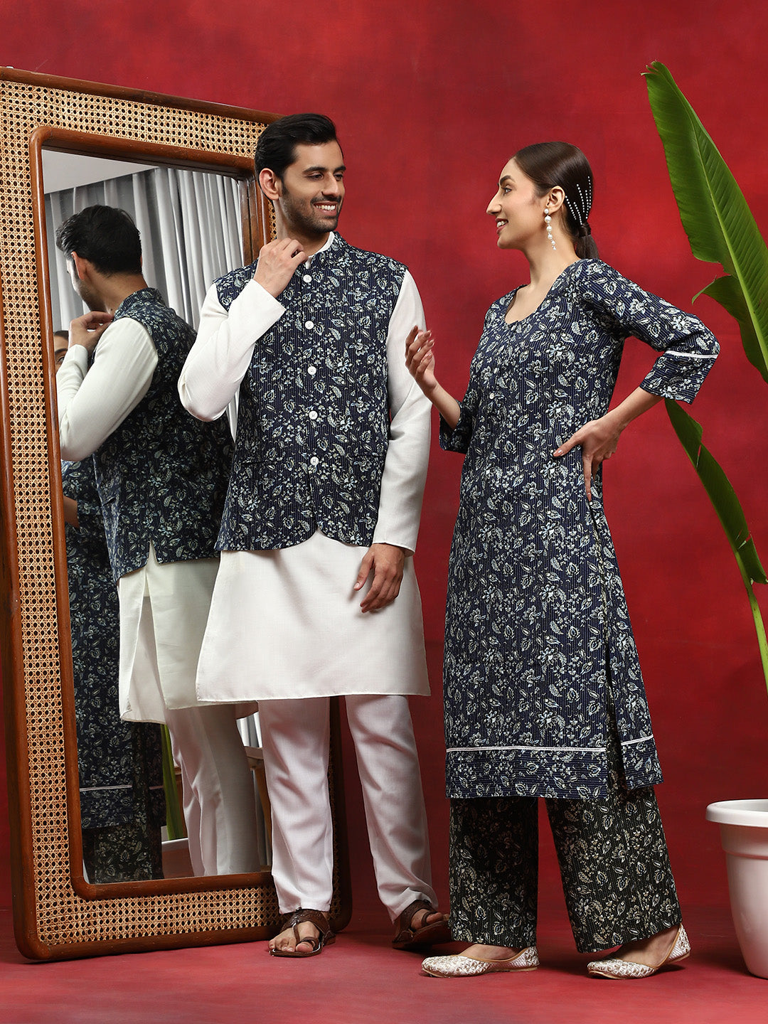 Navy Blue Kantha Work Couple Combo Set