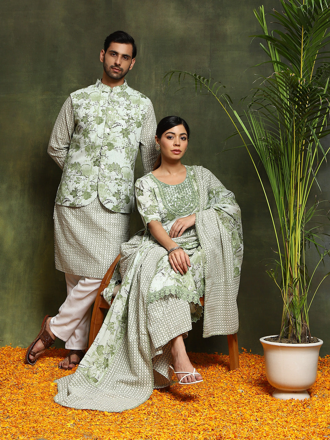 Green Printed Couple Combo Set