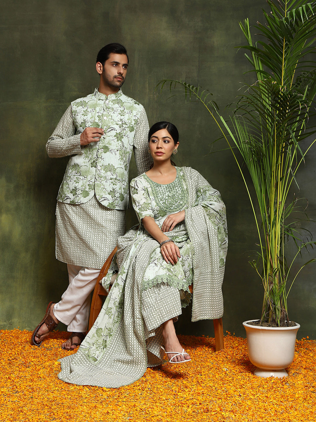 Green Printed Couple Combo Set