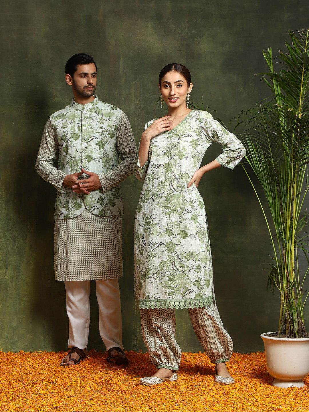 Green Floral Print Couple Combo Set