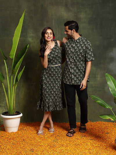 Green Kantha Work Couple Combo Set