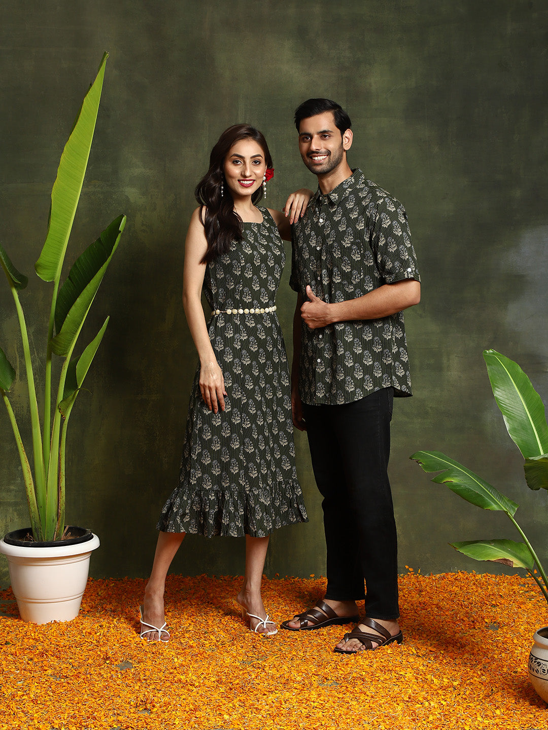 Green Kantha Work Couple Combo Set