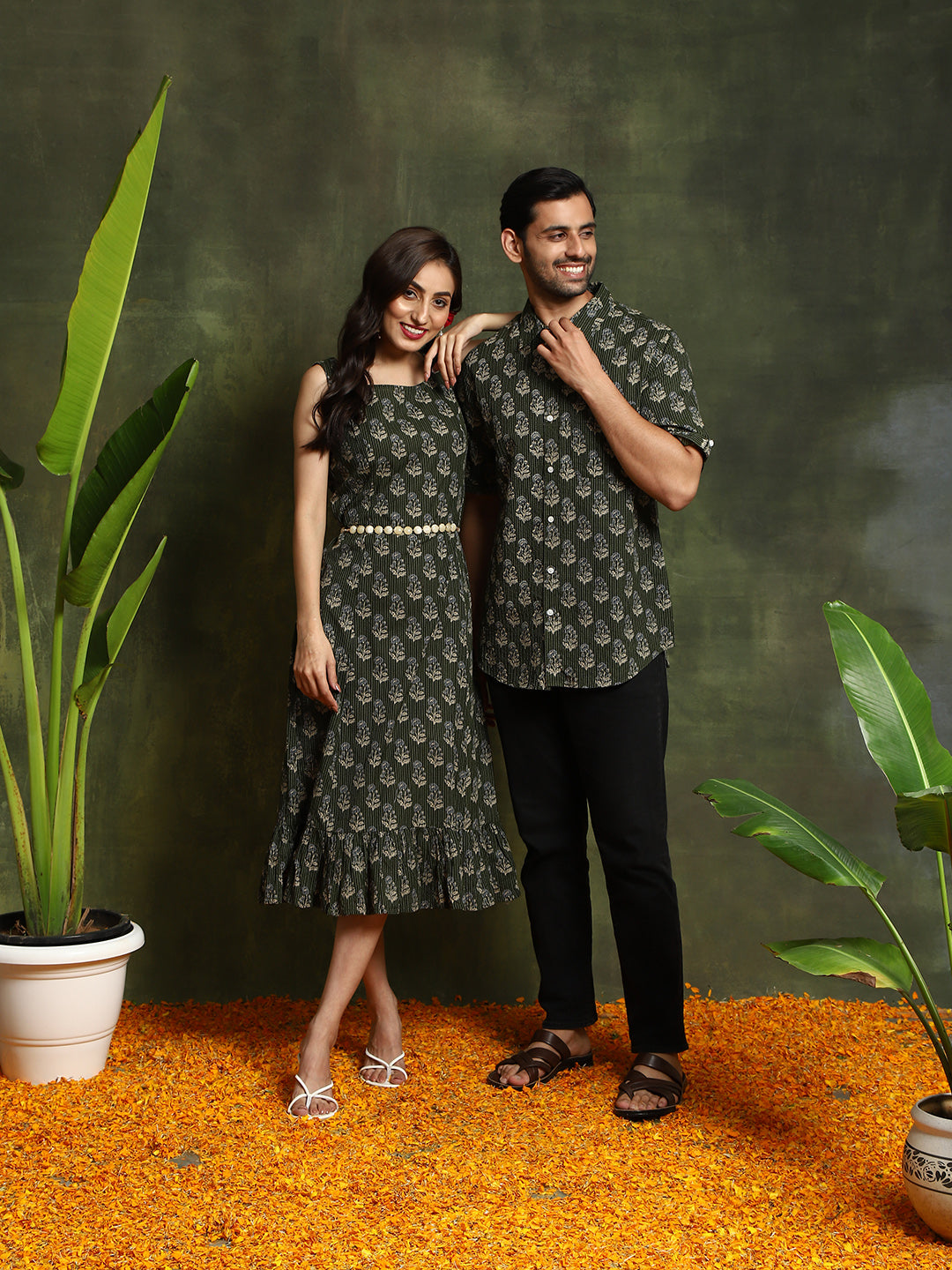 Green Kantha Work Couple Combo Set