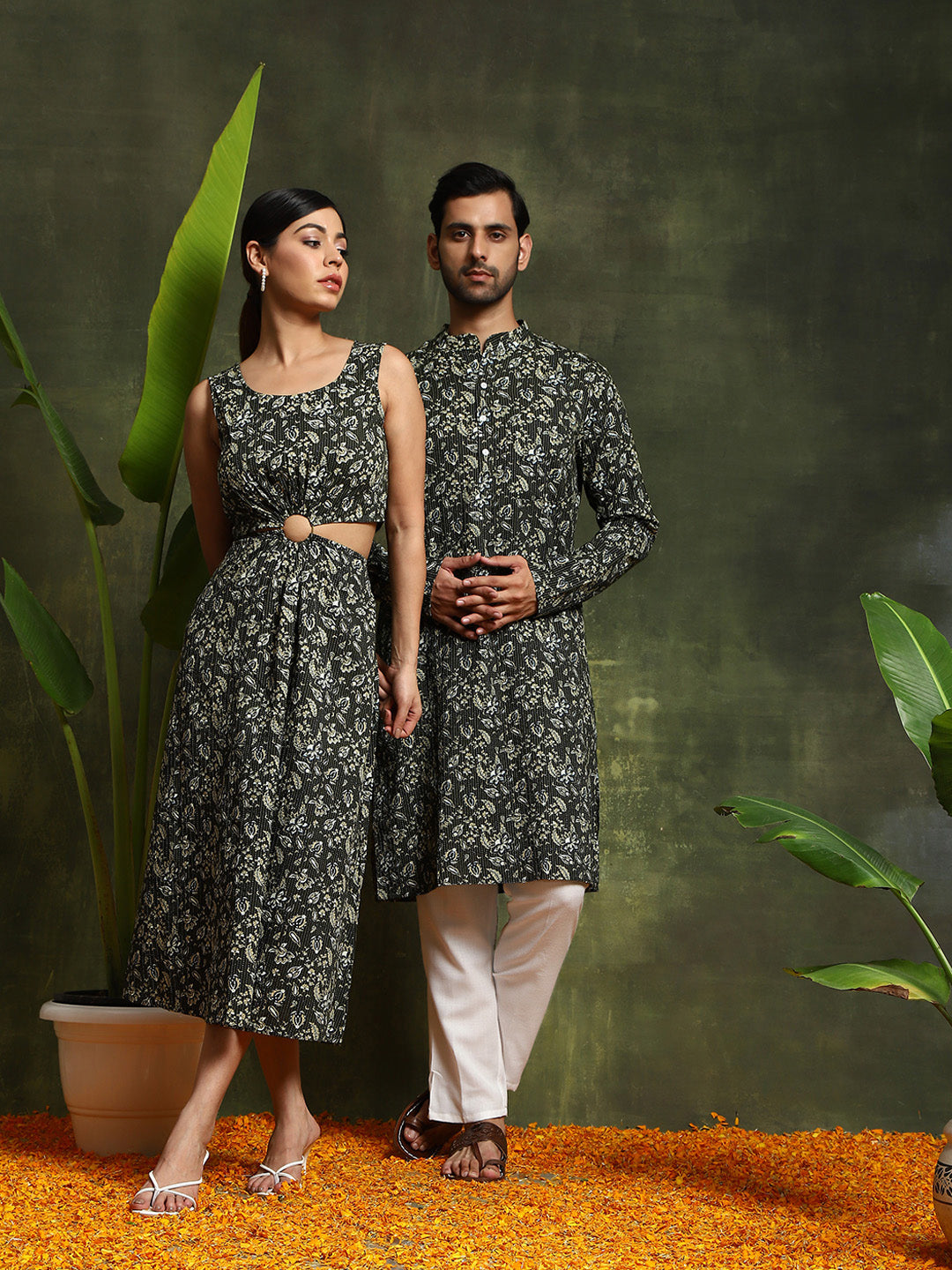 Green Floral Print Couple Combo Set