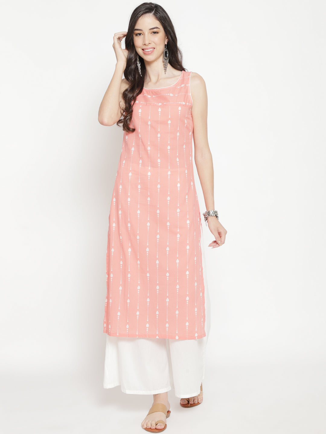 Peach Printed Straight Kurta