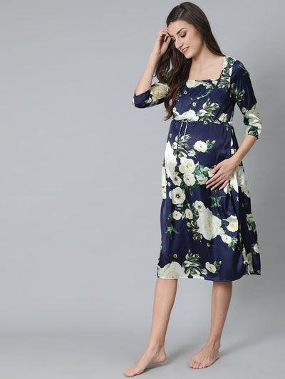 Navy Blue Floral Print Maternity Dress