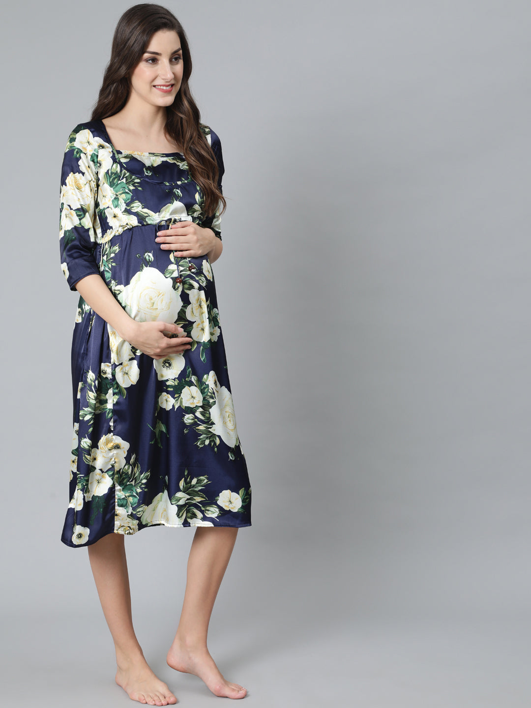 Navy Blue Floral Print Maternity Dress
