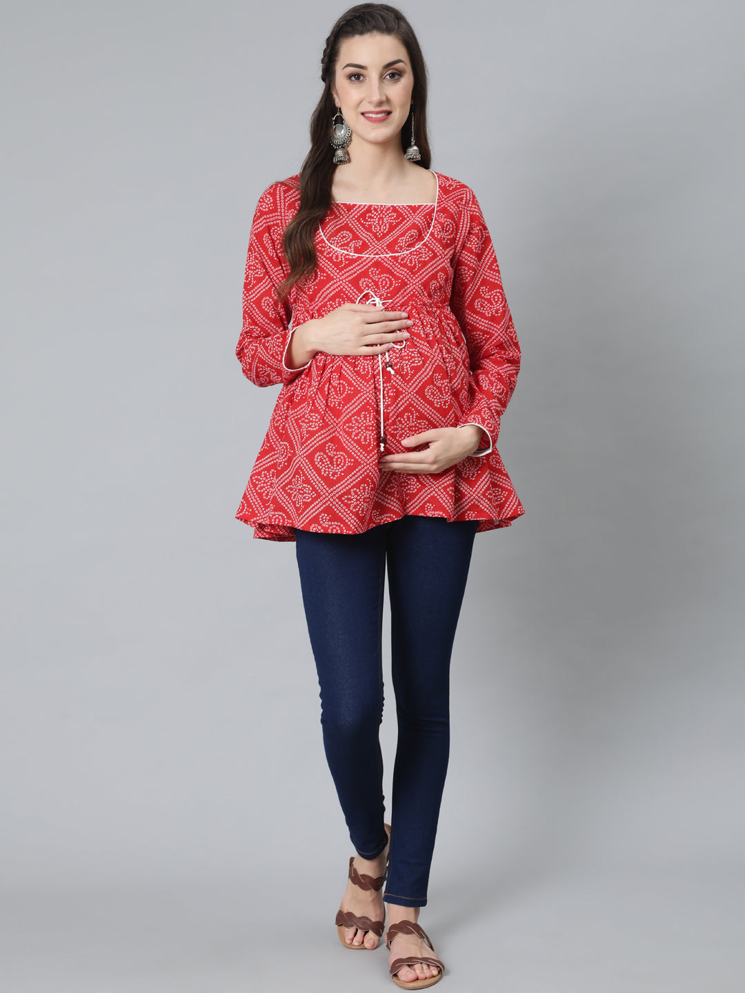 Red Bandhani Print Maternity Tunic