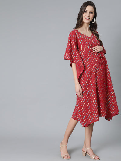 Maroon Bandhani Print Maternity Kaftan Dress