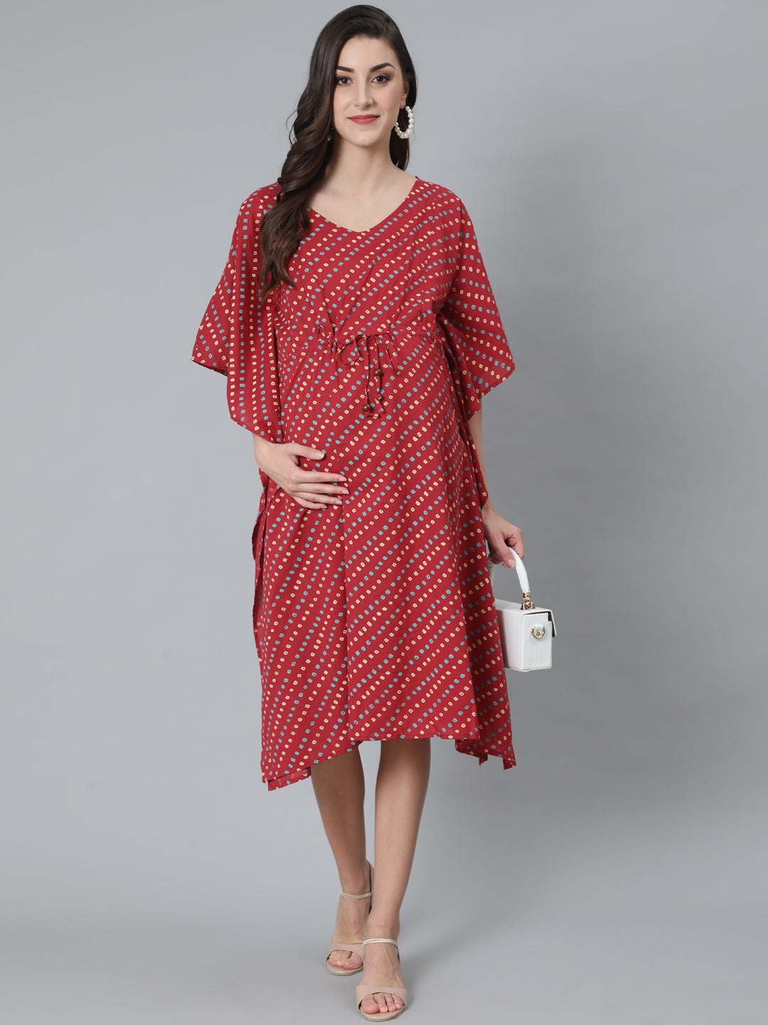 Maroon Bandhani Print Maternity Kaftan Dress