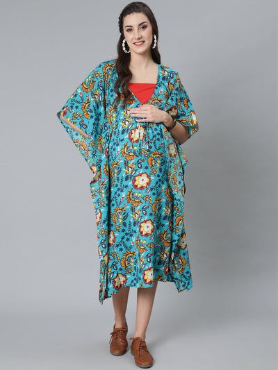 Green Floral Print Kaftan Dress