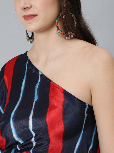 Blue Leheriya Print One Shoulder Dress