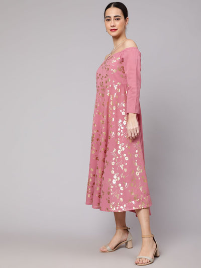 Pink Floral Print Off Shoulder Dress