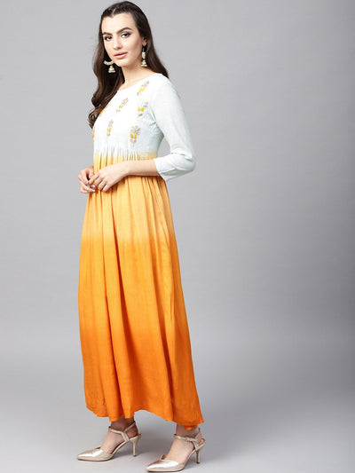 Orange & White Pleated Kurta With Embroidered Yoke