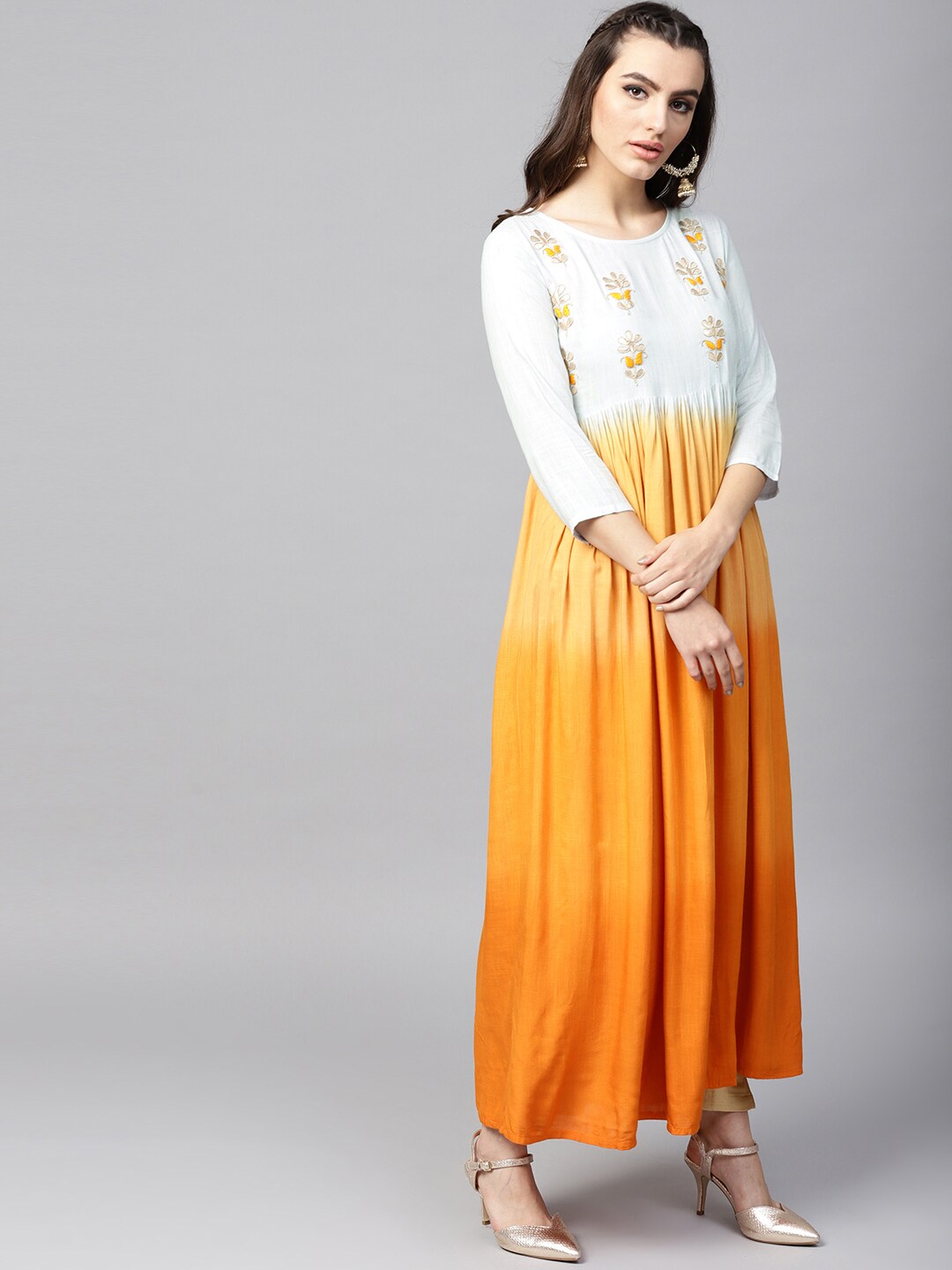 Orange & White Pleated Kurta With Embroidered Yoke