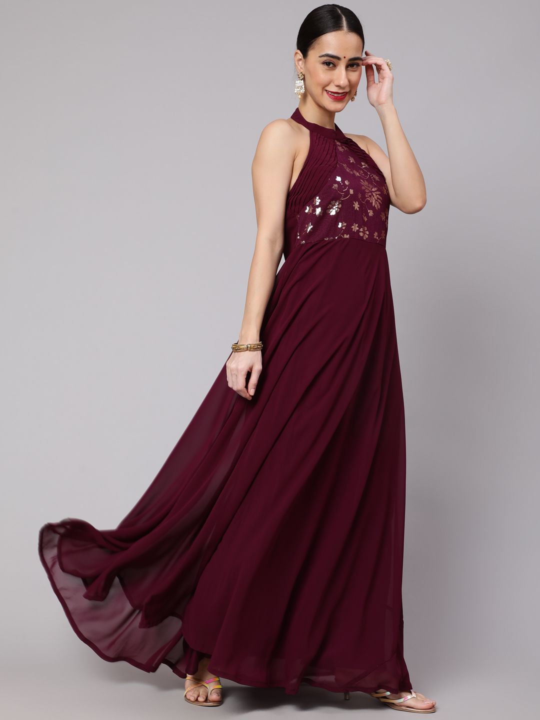 Purple Embellished Flared Maxi Dress