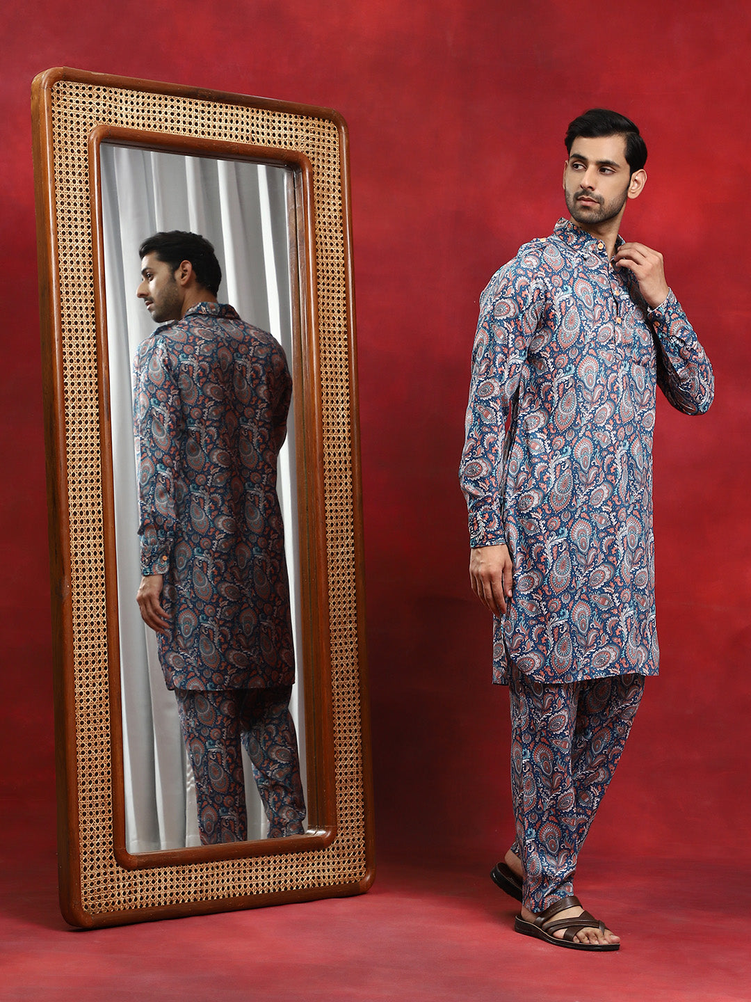 Blue Printed Pathani Kurta With Pyjama