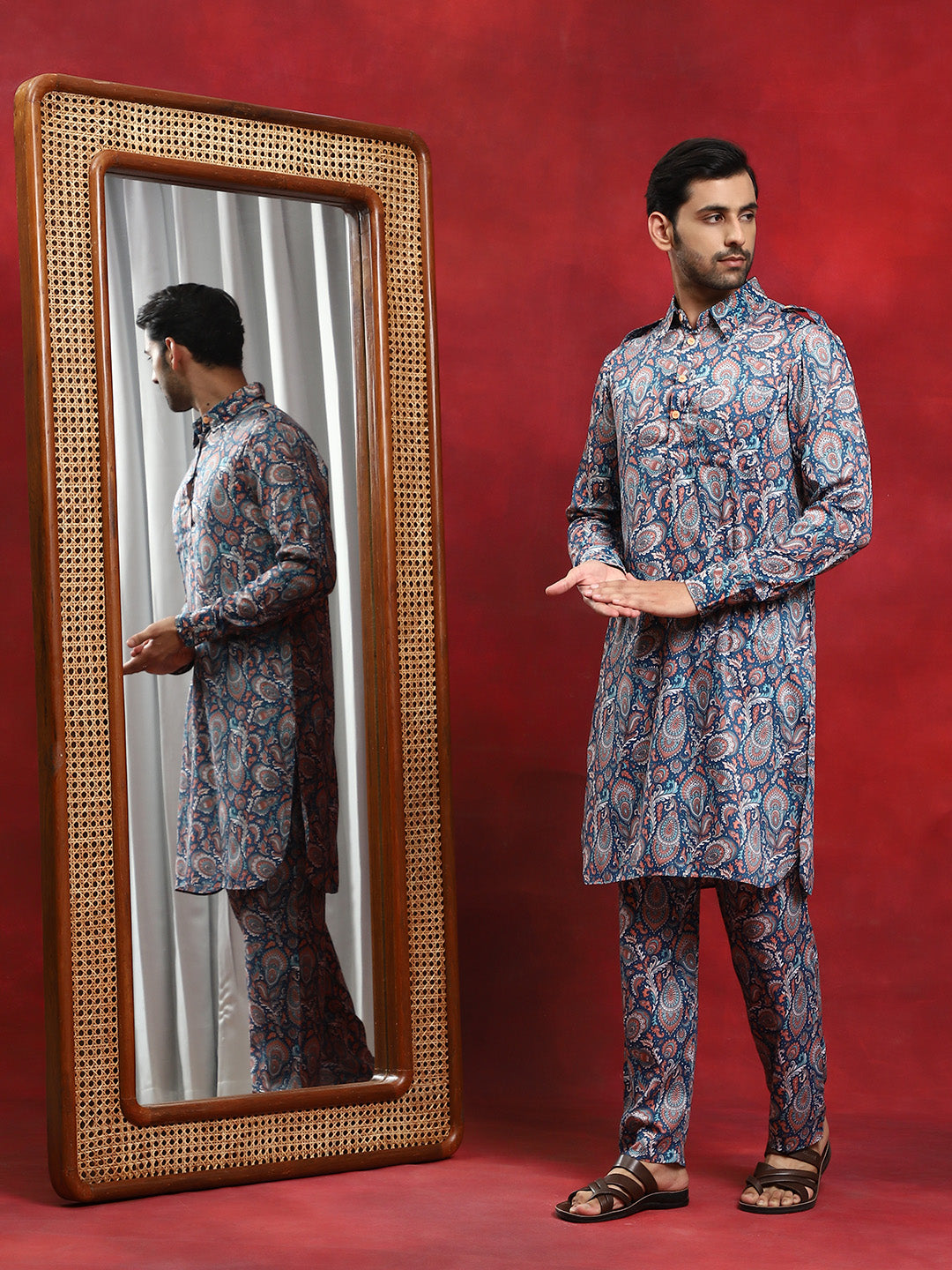 Blue Printed Pathani Kurta With Pyjama