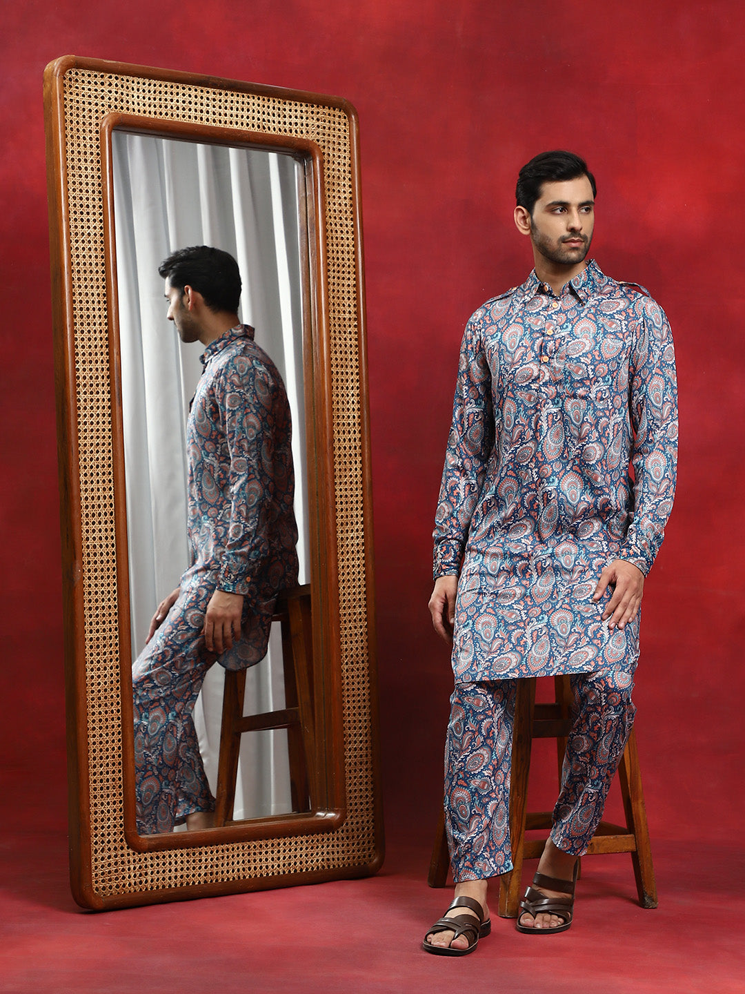 Blue Printed Pathani Kurta With Pyjama