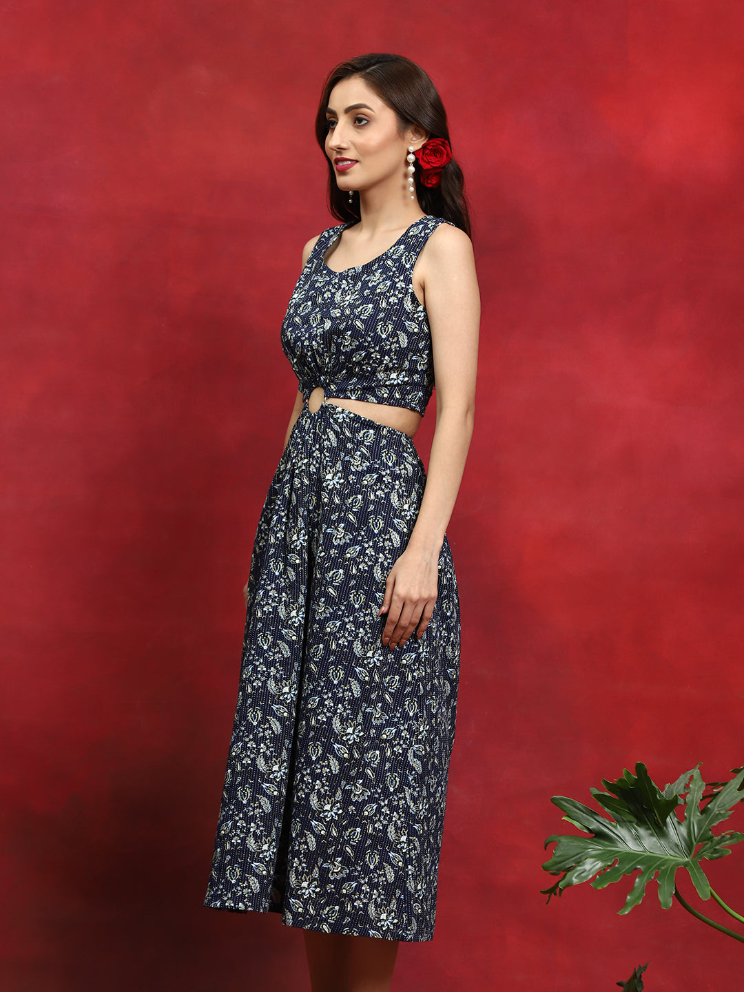 Navy Blue Floral Print Cut-Out Midi Dress