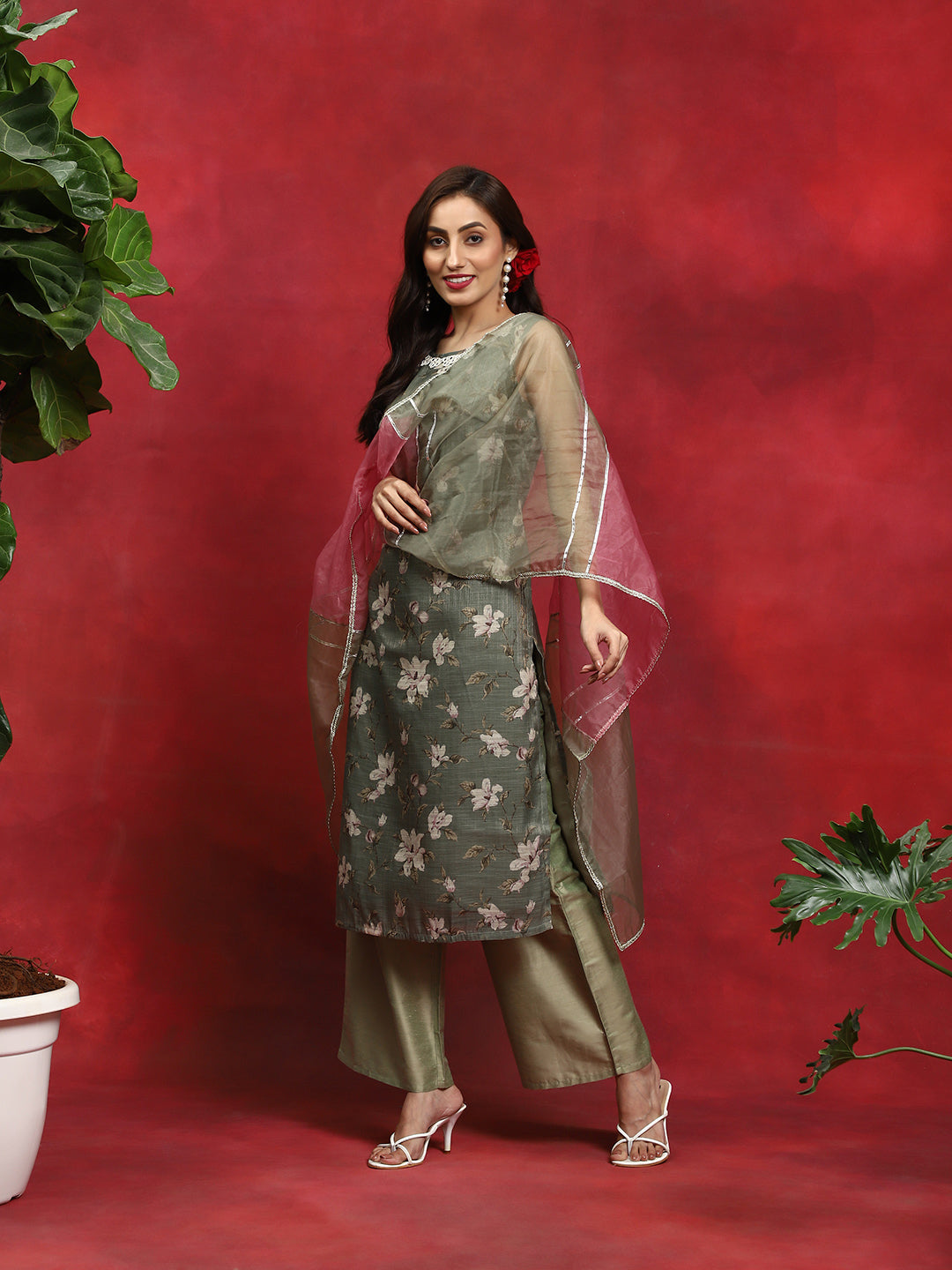 Green Floral Print Kurta Palazzo With Dupatta