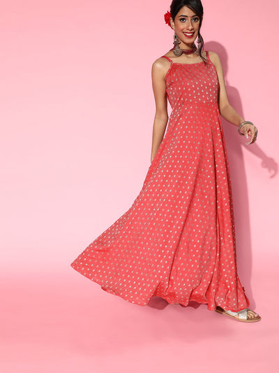 Red Woven Designed Maxi Dress