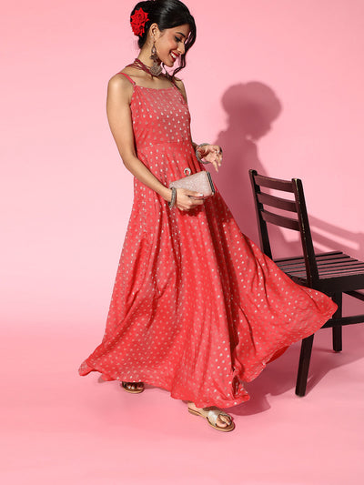 Red Woven Designed Maxi Dress