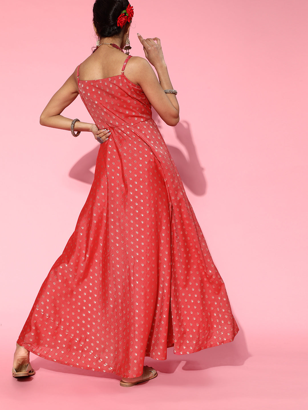 Red Woven Designed Maxi Dress