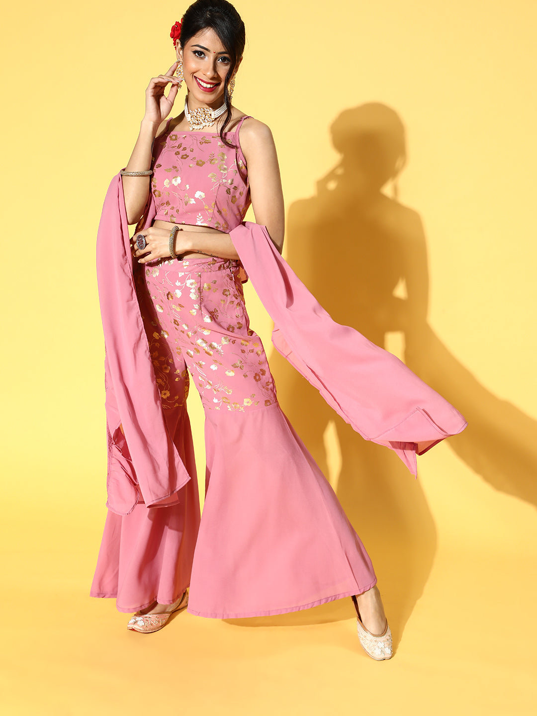 Pink Foil Printed Top Sharara With Dupatta