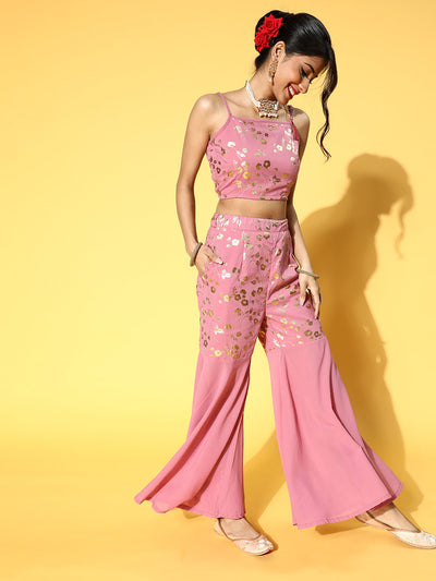 Pink Foil Printed Top Sharara With Dupatta